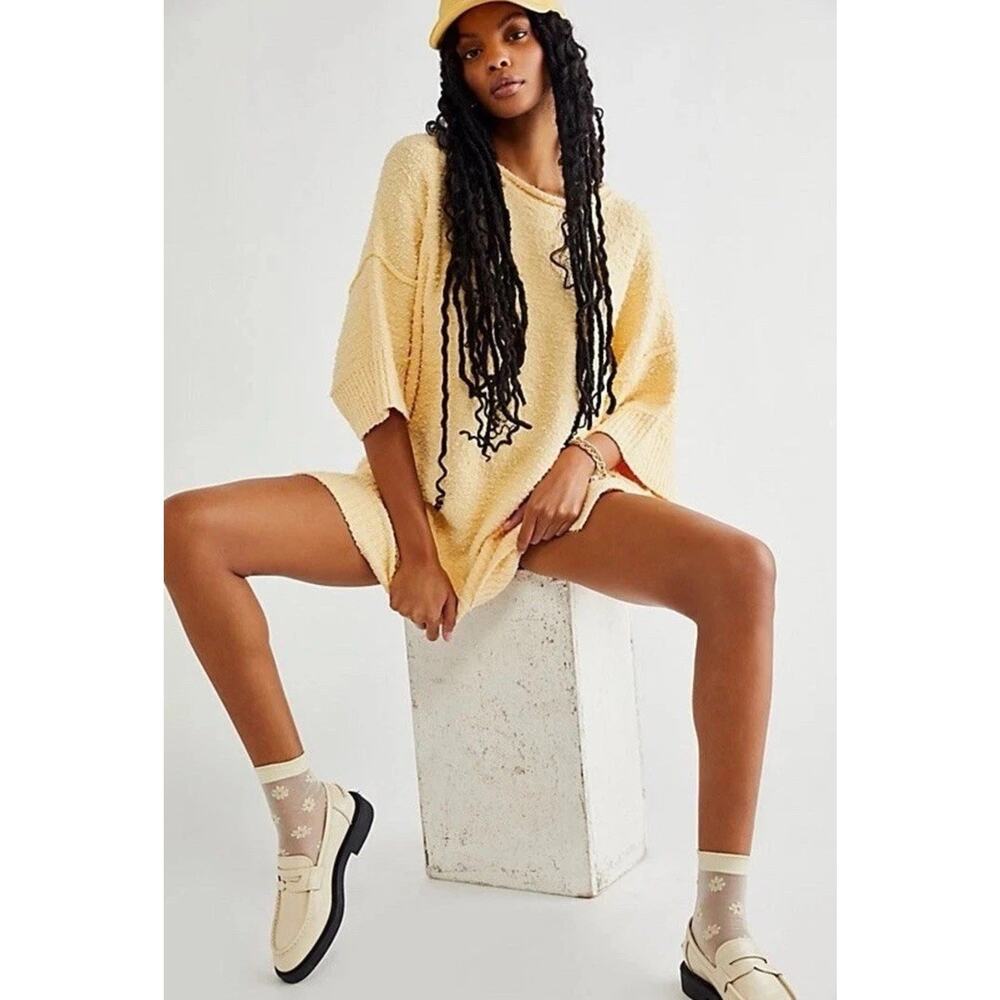 Free People Yorkie Sweater Oversize Slouchy Boucle Tee, Butter Yellow Sm